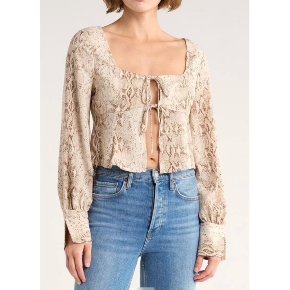 Leith Nordstrom Snake Print Cropped Tie Front Cardigan Long Sleeve NWT